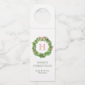 Waterverf Kerst Monogram Gestreepte Bow Krans Flessenhanger (Voorkant)
