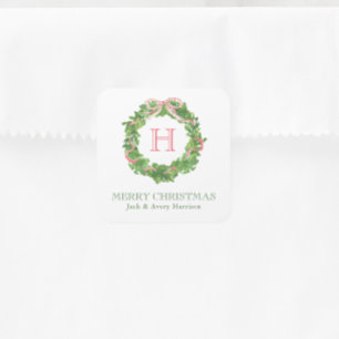 Waterverf Kerst Monogram Gestreepte Bow Krans Vierkante Sticker