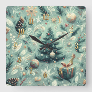 Waterverf Kerst Motief Vakantie Whimsy Groen Vierkante Klok