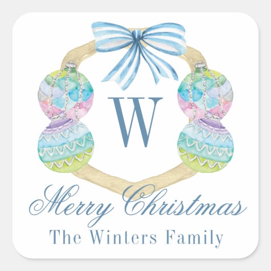 Waterverf Kerst Ornament Monogram Crest Vierkante Sticker (Voorkant)