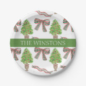 Waterverf Kerst Plaid Bow & Topiary Papieren Bordje (Voorkant)