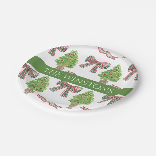 Waterverf Kerst Plaid Bow & Topiary Papieren Bordje (Gekanteld)