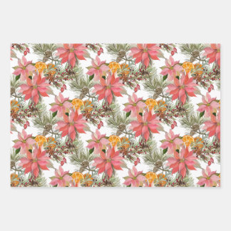Waterverf Kerst Poinsettia Bloemen & Sinaasappel Inpakpapier Vel