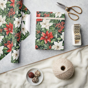Waterverf Kerst Poinsettia's en Bessen Cadeaupapier
