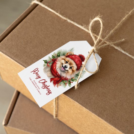 Waterverf Kerst Pommerse hond Cadeaulabel