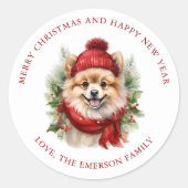Waterverf Kerst Pommerse hond Ronde Sticker (Voorkant)