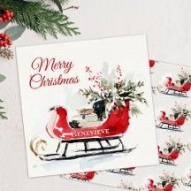 Waterverf Kerst slee met rode groenblijvende plant