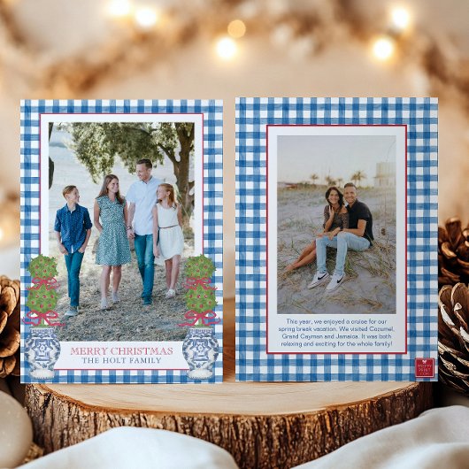 Waterverf Kerst Topiary Gingham Foto Feestdagenkaart