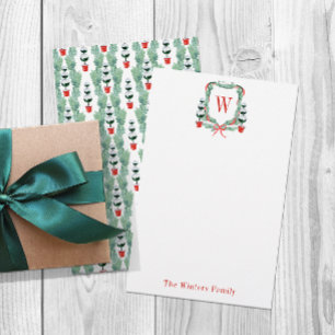 Waterverf Kerst Topiary Monogram Crest Briefpapier