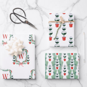 Waterverf Kerst Topiary Monogram Crest Inpakpapier Vel