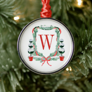 Waterverf Kerst Topiary Monogram Crest Metalen Ornament