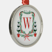 Waterverf Kerst Topiary Monogram Crest Metalen Ornament (Rechts)
