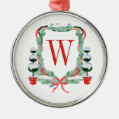 Waterverf Kerst Topiary Monogram Crest Metalen Ornament (Voorkant)