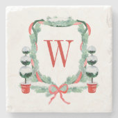 Waterverf Kerst Topiary Monogram Crest Stenen Onderzetter (Voorkant)