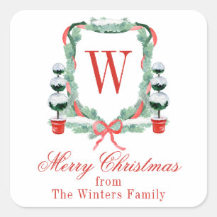 Waterverf Kerst Topiary Monogram Crest Vierkante Sticker