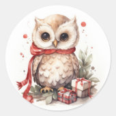 Waterverf kerst uil met geschenken ronde sticker (Voorkant)