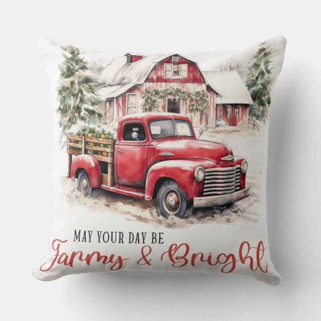 Waterverf Kerst  Vrachtwagen en Schuur Kussen (Voorkant)