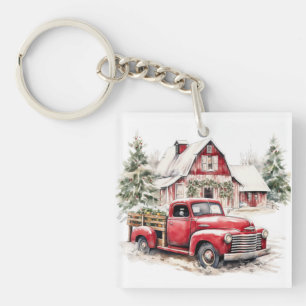 Waterverf Kerst Vrachtwagen en Schuur Sleutelhanger