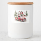 Waterverf Kerst Vrachtwagen en Schuur Voedselcontainer Etiket (Voorkant)