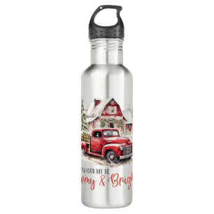 Waterverf Kerst  Vrachtwagen en Schuur Waterfles