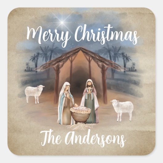 Waterverf kerstaire nerviteitsscène vierkante sticker (Voorkant)