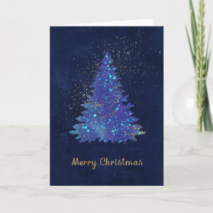 Waterverf kerstblauwe gouden pine-boom feestdagen kaart