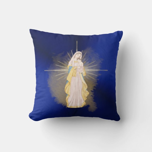 Waterverf kerstblauwe nativiteit kussen (Voorkant)