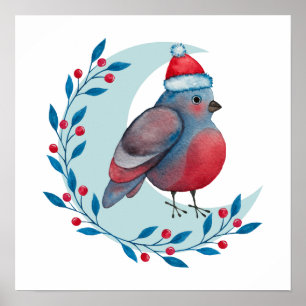 Waterverf kerstblauwe vogel op maan poster