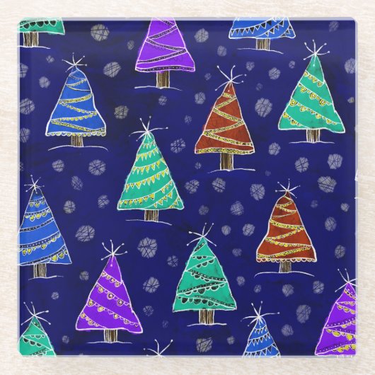 Waterverf kerstbomen: bospatroon. glazen onderzetter (Voorkant)
