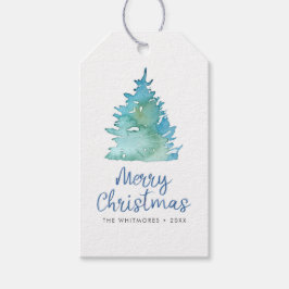Waterverf kerstbomen cadeaulabel