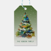 Waterverf kerstbomen Merry Jolly Happy Cadeaulabel (Voorkant)