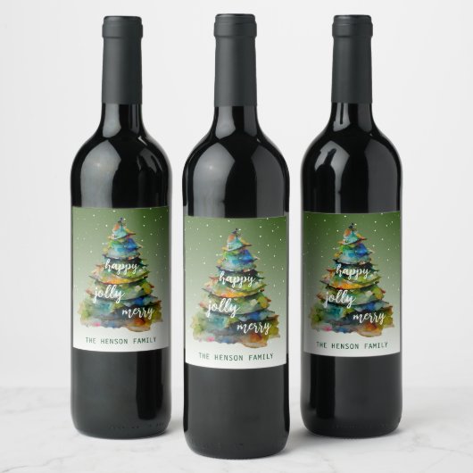 Waterverf kerstbomen Merry Jolly Happy Wijn Etiket (Flessen)
