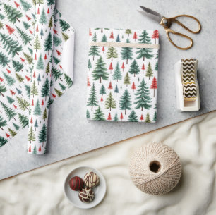 Waterverf kerstbomen op wit cadeaupapier