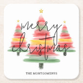 Waterverf kerstbomen vierkante kartonnen onderzetter (Voorkant)