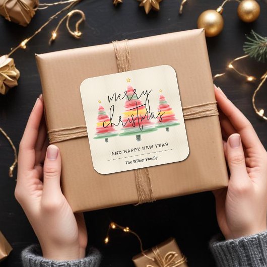 Waterverf kerstbomen vierkante sticker