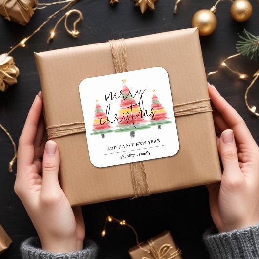 Waterverf kerstbomen vierkante sticker