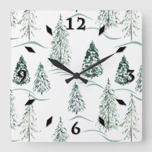 Waterverf kerstbomen. Winterbos. Vierkante Klok
