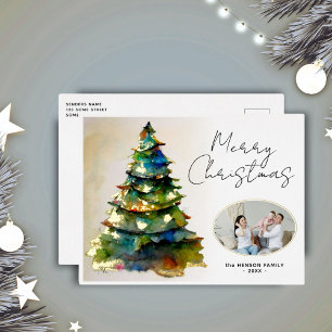 Waterverf Kerstboom Artistieke Foto Goud Folie Feestdagen Briefkaart