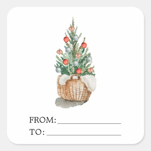 Waterverf kerstboom cadeau sticker (Voorkant)