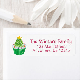 Waterverf kerstboom cupcake retouradres etiket