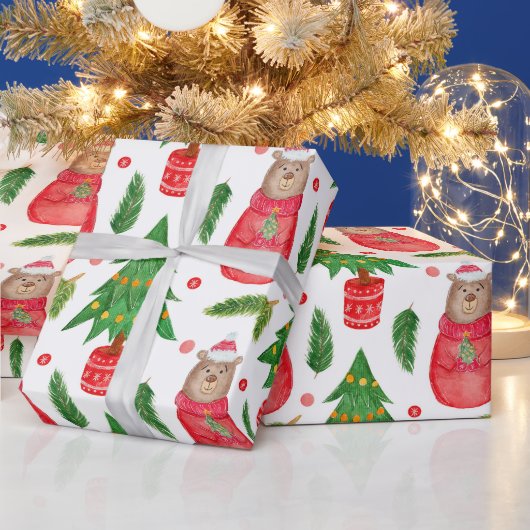 Waterverf kerstboom en teddybeer cadeaupapier (Feestdagen)