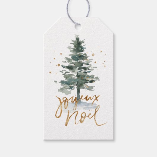 Waterverf Kerstboom Goud Joyeux Noel Cadeaulabel (Voorkant)