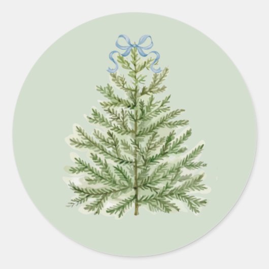 Waterverf kerstboom met blauwe boog ronde sticker (Voorkant)