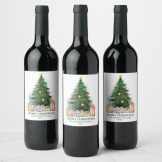 Waterverf kerstboom met cadeaus wijn etiket