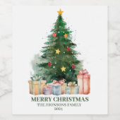Waterverf kerstboom met cadeaus wijn etiket (Enkel label)