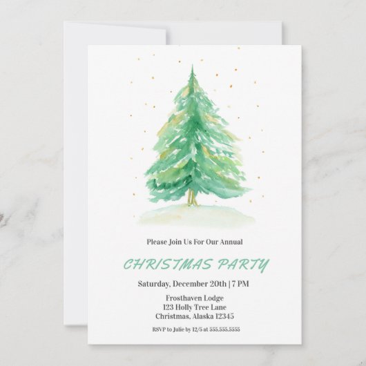 Waterverf kerstboom met gouden sneeuw uitnodigen kaart (Voorkant)