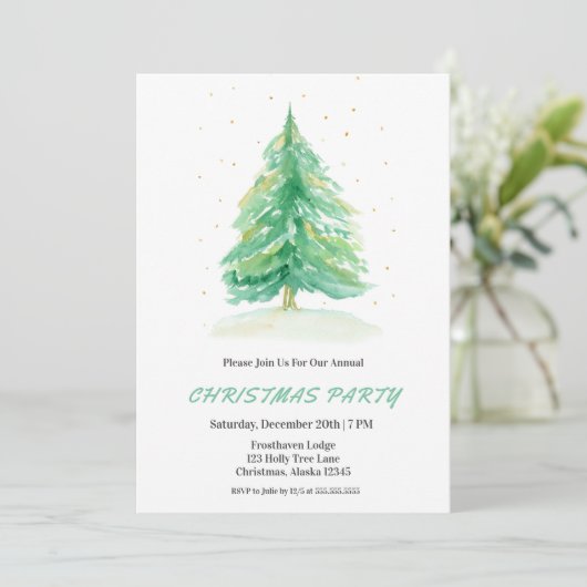 Waterverf kerstboom met gouden sneeuw uitnodigen kaart (Staand voorkant)