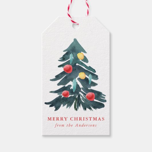 Waterverf kerstboom met Ornamenten feestdag Cadeaulabel (Voorkant)