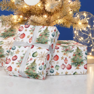 Waterverf kerstboom met versieringen cadeaupapier