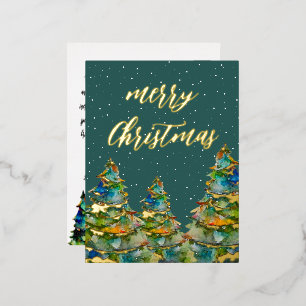 Waterverf Kerstboom Sneeuwvlokken Groen Goud Folie Feestdagen Briefkaart